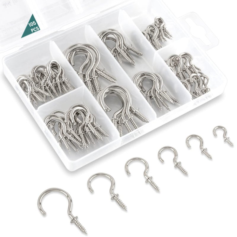 EIENHOSHI 105 Pcs Screw Hooks  6 Sizes Silver Cup Hooks  Screw Hooks for Hanging  Metal Cup Hooks Screw in (1/2""  5/8""  3/4""  7/8""  1''  1-1/4"") - Image 1